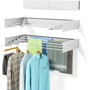 Wall Mounted Clothes Drying Rack, 31.5" Foldable Collapsible Laundry Rack, Heavy Duty 60 lb Capacity Hidden Space Saver, Includes Wall Template for Laundry Room Indoor Outdoor Balcony (White)