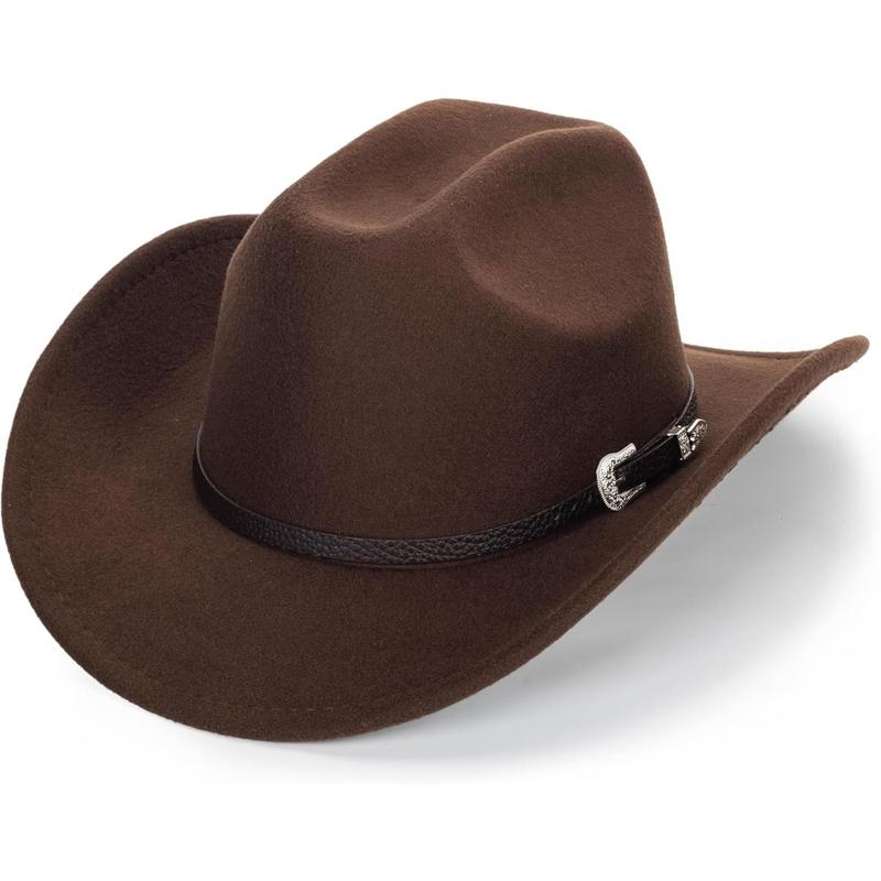 Western Felt Cowboy Cowgirl Hat - Wide Brim Panama Jazz Fedora Hat with Floral Engraved Buckle Belt Decoration 22.4" to 22.8"