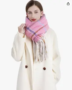 Pink Faux Rabbit Fur Fringed Scarf Check Women's Winter Warm Scarf Plaid Tassel Soft Fashion Chunky Oversized Blanket Scarves Wrap Shawl