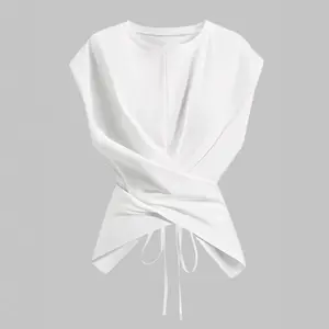 Katch Me Cozy Women's Knitted Round Neck Drop Shoulder Sleeve T-Shirt, Fashion Chic Casual Asymmetrical Criss Cross Back Tie Top, Spring & Fall Wear