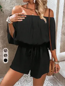 Women’s Casual Tropical Leaf Print Off-the-Shoulder Romper - Adjustable Drawstring Tie-Front, Lightweight Breathable Boho Jumpsuit for Summer Vacation Beachwear summerwins
