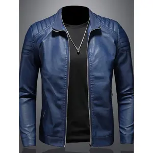 Men's Slim Fit PU Leather Jacket - Stylish Stand Collar Motorcycle Style with Zipper Detail, Black, Perfect for Spring and Fall Casual Wear, Casual Outerwear | Fitted PU Leather Jacket | Glossy Finish Jacket