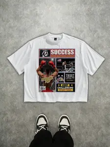 Men's Loose Fit Fashion Print T-Shirt Round Neck Tee, Boxing Poster Style, All-Season Casual Wear, Unisex Young College Streetwear Trend
