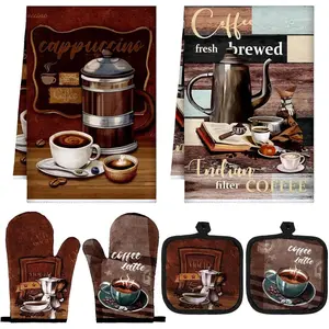 6 Pcs Kitchen Decor Set Farmhouse Accessorie Kitchen Towels Pot Holders Oven Mitts Set 2 Dish Towels 2 Potholders 2 Cooking Mittens Oven Glove for Baking Cooking Supply(Dark Brown Color)