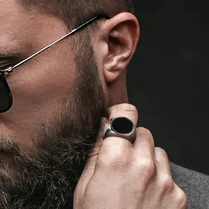 FaithHeart Round Black Onyx Signet Ring for Unisex Stainless Steel