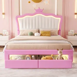 Full Size Bed Frame with LED Lights, Modern PU Leather Upholstered Princess Bed with Crown Headboard and 2 Storage Drawers, Pink+White