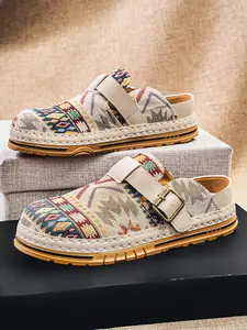 Men's Summer Lazy Wear Retro Jacquard Upper Metal Buckle Design, Soft Elastic Thick Sole Slip-On Shoes, Casual Comfort for Home & Outdoors