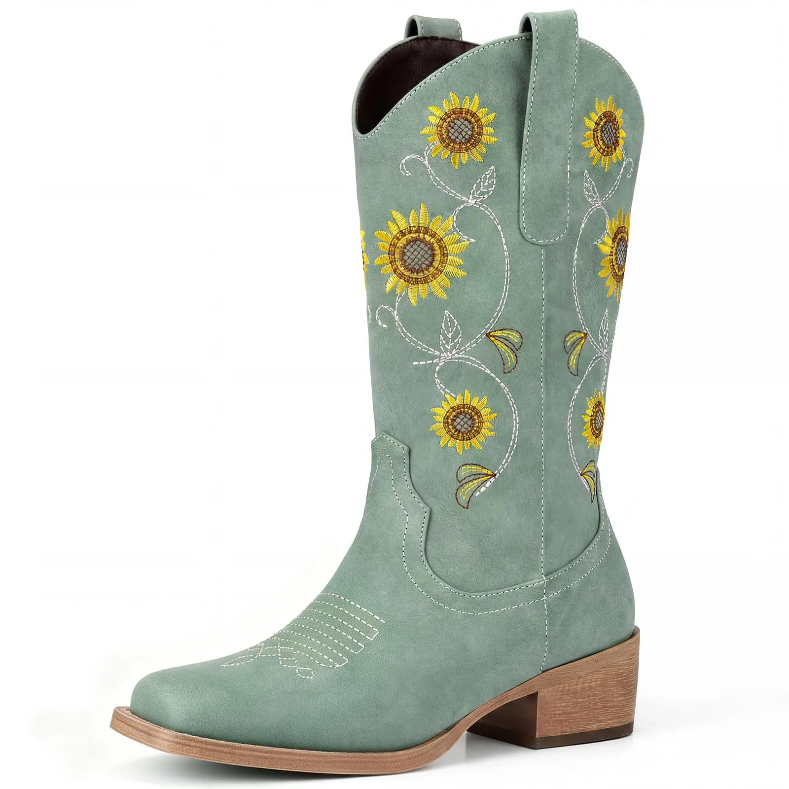Cowboy Boots for Women - Mid Calf Western Sunflower Cowgirl Boots with Floral Embroidery, Square Toe Stitched Pull On Retro Design, Perfect for Country Idyll, Concerts
