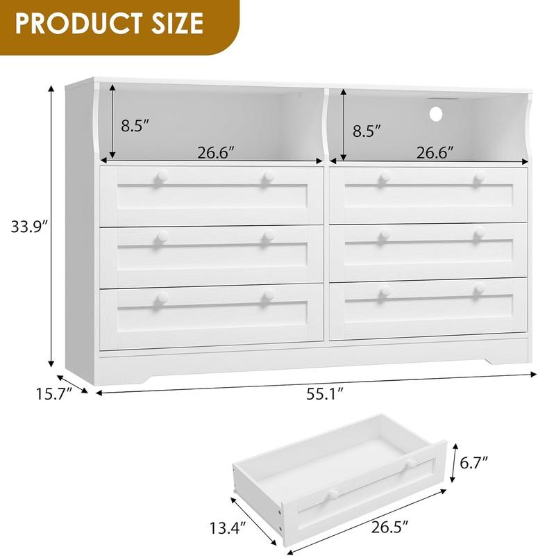 White Dresser for Bedroom Deep Drawers, Wide Wooden Bedroom Dressers with Power Outlet and Led Lights, Large Modern 6 Drawers Dressers and Tv Stand Dresser for Living Room, Hallway