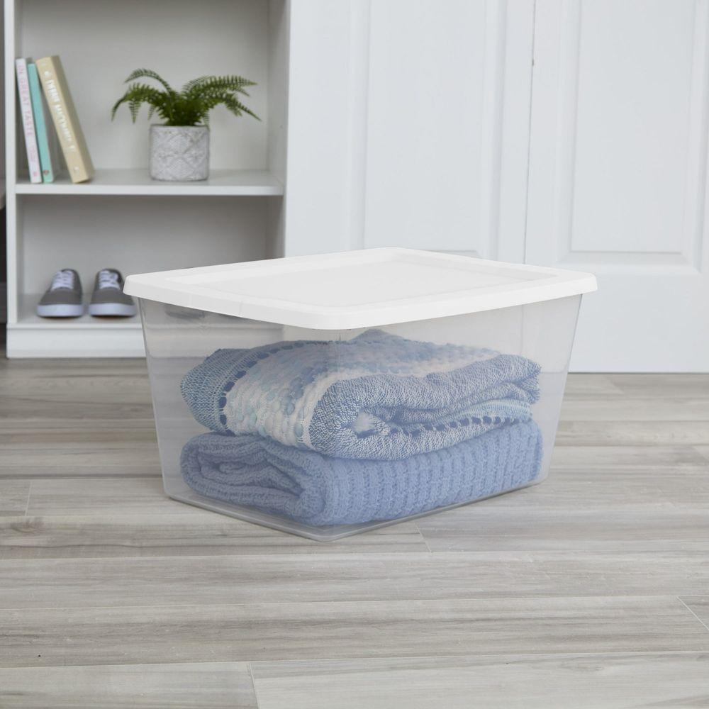 58 Quart Storage Box, Clear Plastic Storage Bin with Snap-on Lid, White