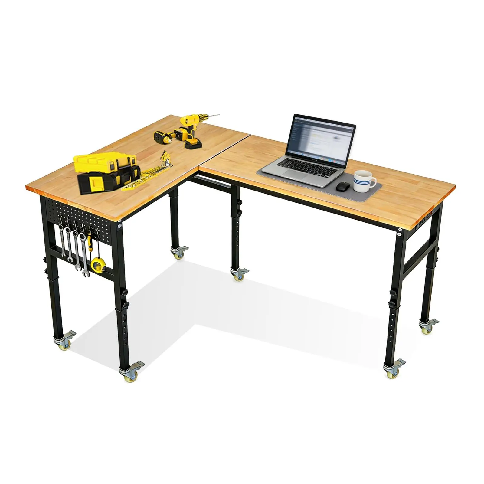 GARVEE 60" x 48" L-Shaped Adjustable Workbench with Wheels, 2000 LBS Heavy Duty Work Table with Power Outlet, Pegboard & Rubber Wood Top for Garage, Workshop & Home Office