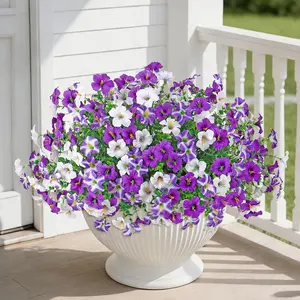Artificial Petunias Fake Flowers Plants for Outdoor, Artificial Flower Set, 6 Bundles Silk Morning Glory with Eucalyptus Leaves UV Resistant Faux Flowers for Porch Patio Yard Garden Decor (Purple White, 6PCS)