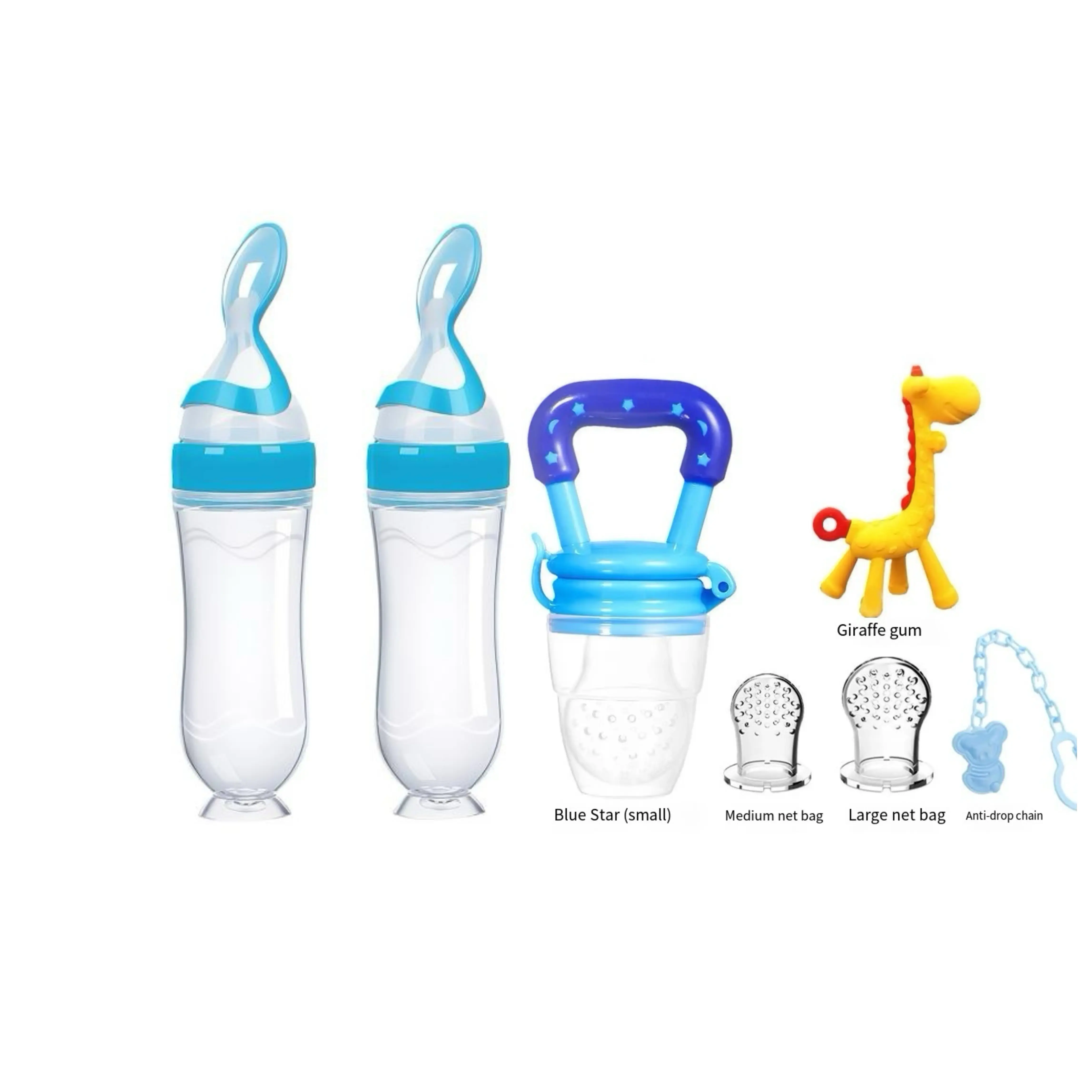 Baby Feeding Set(6pcs , 7pcs): 2 Silicone Feeding Bottle with Spoons for Rice Cereal, 2 Fruit and Vegetable Feeders, 3 Sizes Nipples, All in a Baby Feeding Set