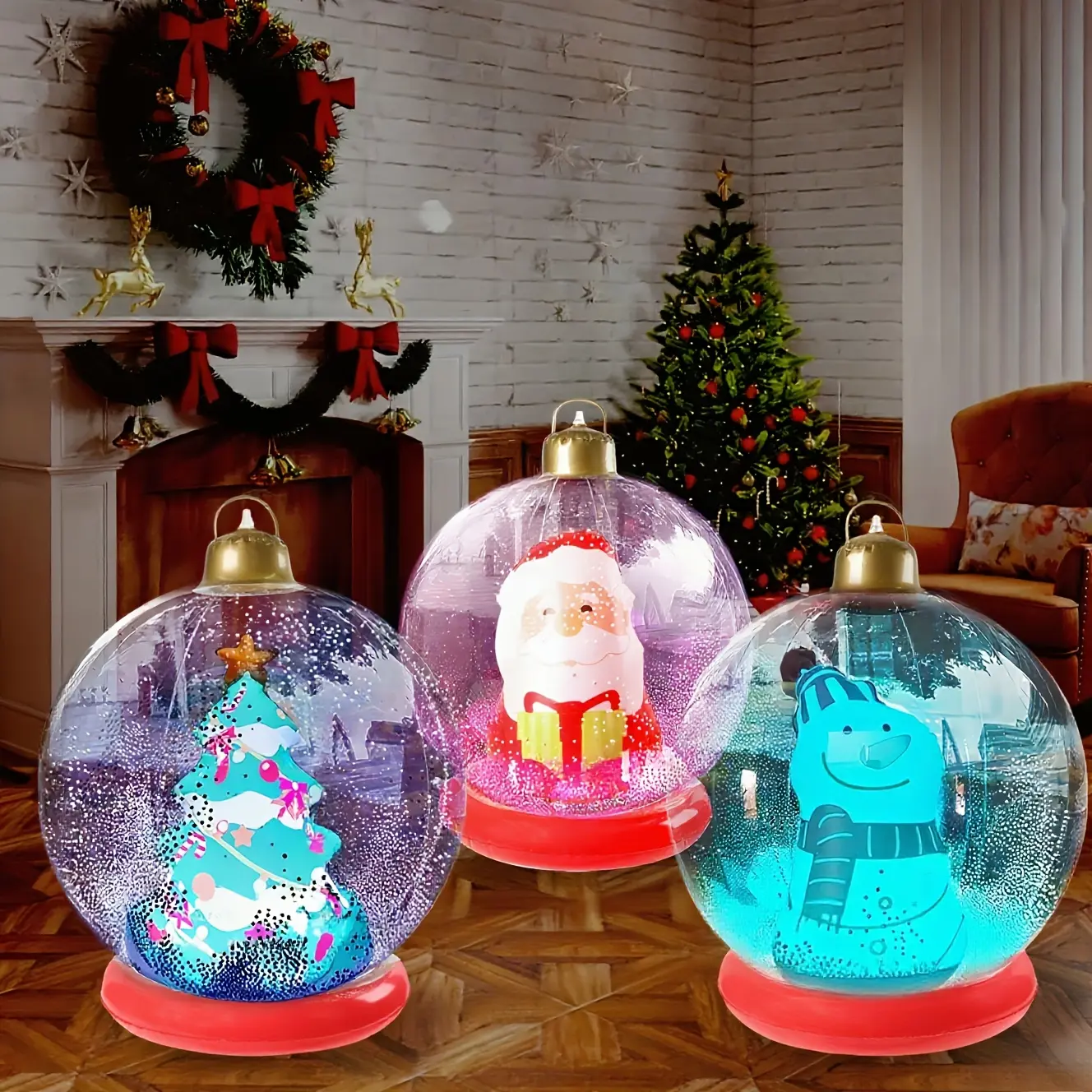 Giant Glowing Inflatable Christmas Ball, Holiday LED Decoration, Battery Powered, Santa Snowman Tree Design, Outdoor Home Office Party Decor