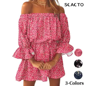Scacto Boho Leaf Graphic Print Off Shoulder Dress Sexy Backless Ruffle Sleeve Floral Pattern Women's Summer Casual Clothing - Womenswear