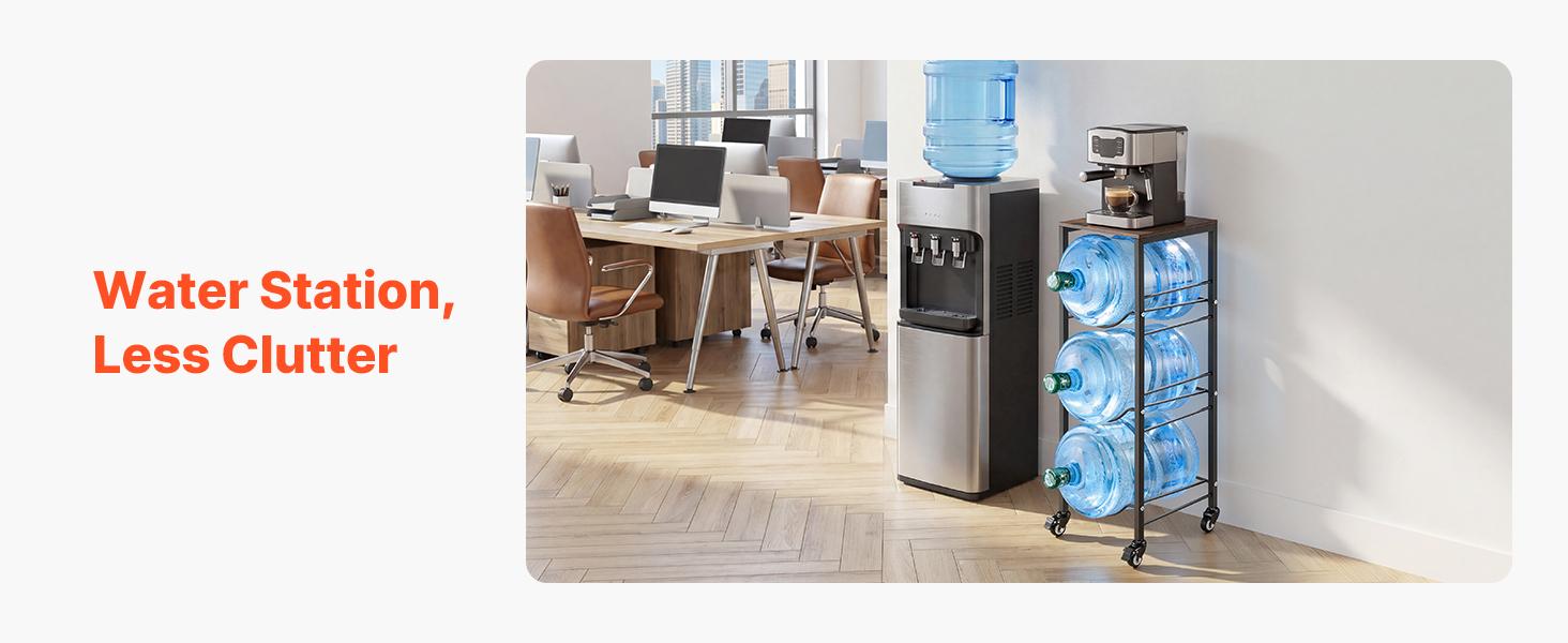 【summerfinds】VEVOR Water Jug Holder, 4 Tiers 3 and 5 Gallon Water Bottle Holder for 3 Bottles, Heavy Duty Jug Rack Organizer with Storage Shelf and Casters, for Kitchen, Office, Living Room, Black and Brown