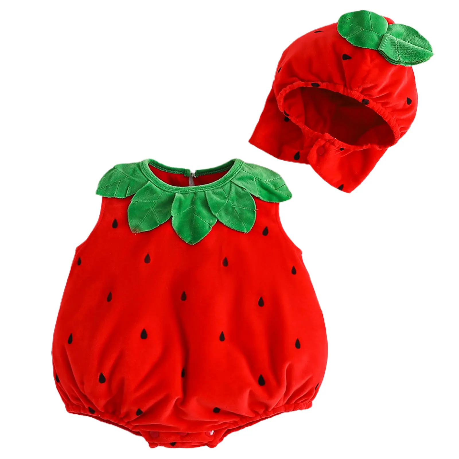Baby Boy Girl Strawberry Costume Set, Fleece Leaf Trim Sleeveless Strawberry Romper Hat Halloween Cosplay Clothes