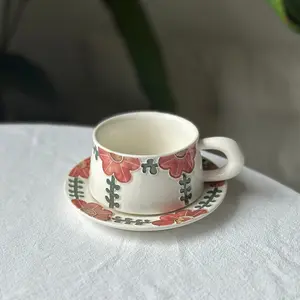 Handmade pottery coffee tea cup, mug with orange red, blue California poppies. Flower ceramic tableware. Birthday, wedding, festival gift.