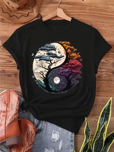Women's Yin Yang Tree of Life T-shirt, Chinese style print, semi-sheer short sleeve, crew neck, machine washable, spring/summer wear
