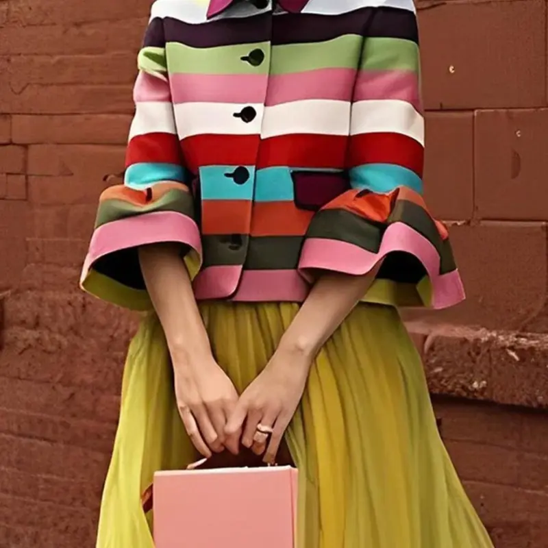 Women's Colorblock Striped Print Button Front Ruffle Trim Casual Fitted Jacket, Casual Flounce Sleeve Collared Outerwear for Fall & Winter, Ladies Clothes for Daily Wear, Casual Cute Outerwear