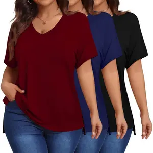 3 Pack Women's Plus Size Short Sleeve T-Shirts, V Neck Sides Split Tunics Tops High Low Hem Summer Basic Tee Blouses