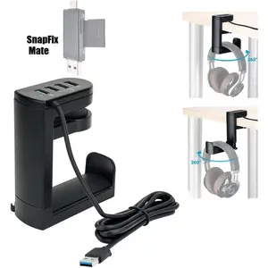 Headphone Stand with 4 USB Ports Hub PC Gaming Headset Holder Hanger 360 Degree Rotation Clamp Under Desk Headphone Hook Mount with Cable Clip Organizer