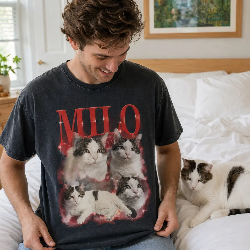Custom Pet Photo Vintage Washed T-Shirt, Personalized Cat Dog Name Graphic Tee, Unisex Oversized Pet Lover Shirt, Couple Matching Tee for Men Women