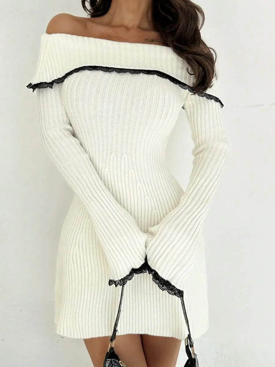 Firerie Elegant & Sexy White Contrast Lace Patchwork Off Shoulder Flare Sleeve Waist Cinched A-Line Mini Sweater Dress, For Autumn & Winter, Fall And Winter, Elegant, Blackand, White, Longsleeve - TikTok Shop Firerie Elegant & Sexy White Contrast Lace Patchwork Off Shoulder Flare Sleeve Waist Cinched A-Line Mini Sweater Dress, For Autumn & Winter, Fall And Winter, Elegant, Blackand, White, Longsleeve - TikTok Shop