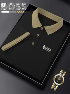Ff-5051 Fashion Bqss Logo Print Polo Shirt, Classic Casual Fitted Short Sleeve, Breathable and Elastic, Men's All-Season Top, Bestseller Style