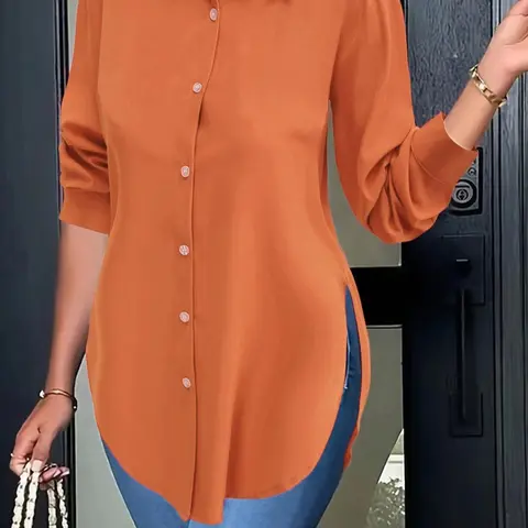 Women's Plain / All Over Print Button Front Shirt, Casual Long Sleeve Collared Top for Spring & Fall, Women's Clothes, Blouses