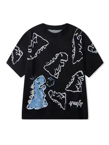 Men's Dinosaur Print Round Neck Knit Top, Casual Loose Short Sleeve Crew Neck Knitwear for Summer, Fashion Men's Knit Clothing for Daily Wear