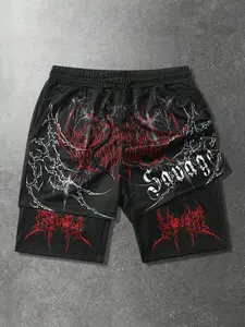 Men's Gothic Print Two-Piece Shorts, Casual Drawstring Shorts, Graphic Shorts, Casual Street Style, Streetwear, Streetwear Bottom, Low Waist Fitted Pants, Low Rise Design, Perfect for Spring Summer Daily Wear