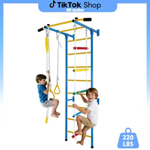 5-in-1 Kids Indoor Playground Wall Gym with Swedish Ladder, Pull-up Bar, Rope Ladder, Climbing Rope & Gymnastic Rings, Montessori Home Gym for Toddlers & Kids Activity Center