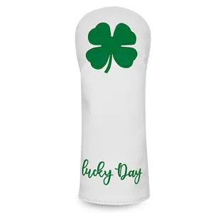 Lucky Four-Leaf Clover Theme Golf Club Cover Golf Accessory Pure White Base with Green Color-Contrast Embroidery Fits No. 1 Wood / Fairway Wood / Hybrid Club Lucky Slogan Design Brings Good Luck