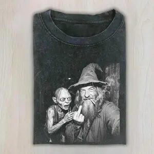 Gandalf Flipping Off Gollum Meme T-Shirt, Savage Wizard Humor Scene From The Lord Of The Rings, Funny Dark Fantasy Parody Tee For LOTR Fans And Geek Streetwear, Unisex Cotton Crewneck T-Shirt Menswear Womenswear Streetwear Top