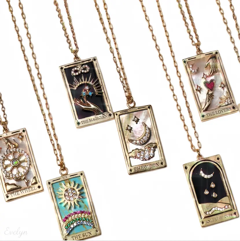 Tarot Style Necklace with Gold-Tone Enamel Pendant, Dainty Celestial Star Moon Sun Charm on Paperclip Chain for Women, Tarnish-Resistant, Celestial Motifs Necklaces, Star Moon Sun Charm Necklaces