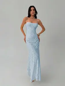 JADEE Solid Color Cross Back Lace Trim Mermaid Dress Ladies Spring Summer Holiday Wedding Guest Dress