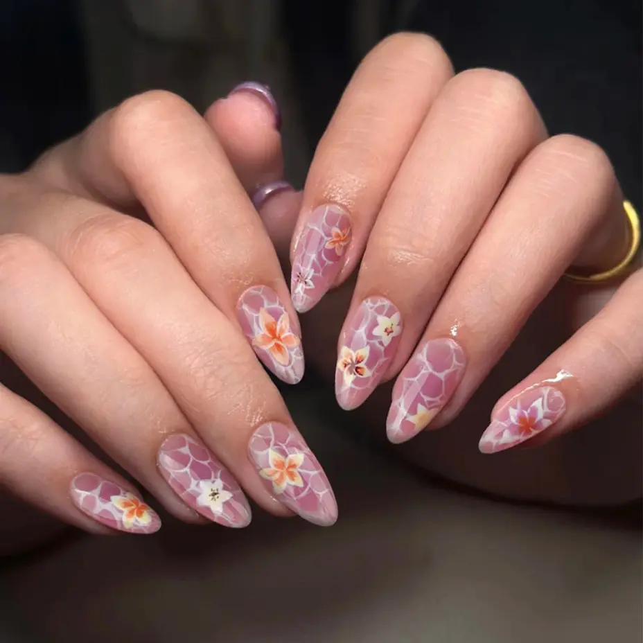 Floral Nail Art Set - Pink Gradient with White & Orange Flowers - 24 Pieces - Perfect for DIY Manicure & Nail Art Enthusiasts