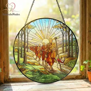 Walk for Peace Suncatcher, Peaceful Buddhist Monks with Aloka Dog, Monks Walking at Sunrise, Zen Compassion Window Art, Meditation Home Decor