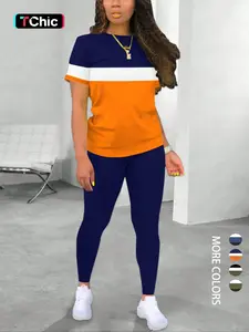 Women's Colorblock Short Sleeve Tee & Skinny Pants Two-piece Set, Casual Fitted Round Neck T-shirt & Trousers for Daily Wear, Ladies Summer Clothes