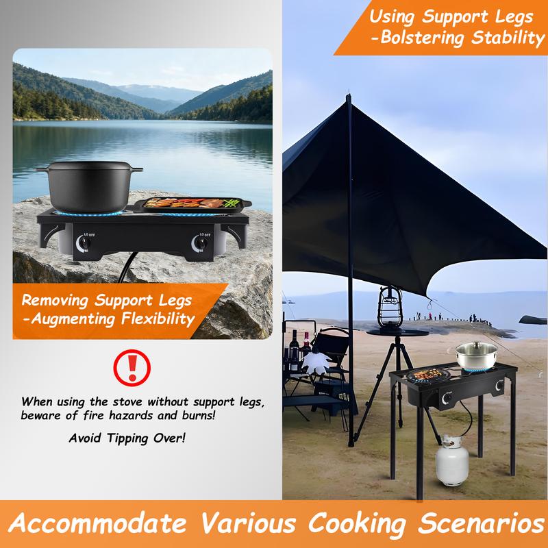 2 Burner Propane Gas Stove for Outdoor Cooking, 150,000 BTU Camping Cooker with Removable Legs, Temperature Control Knobs for Backyard Cooking, BBQ, Baking and Frying