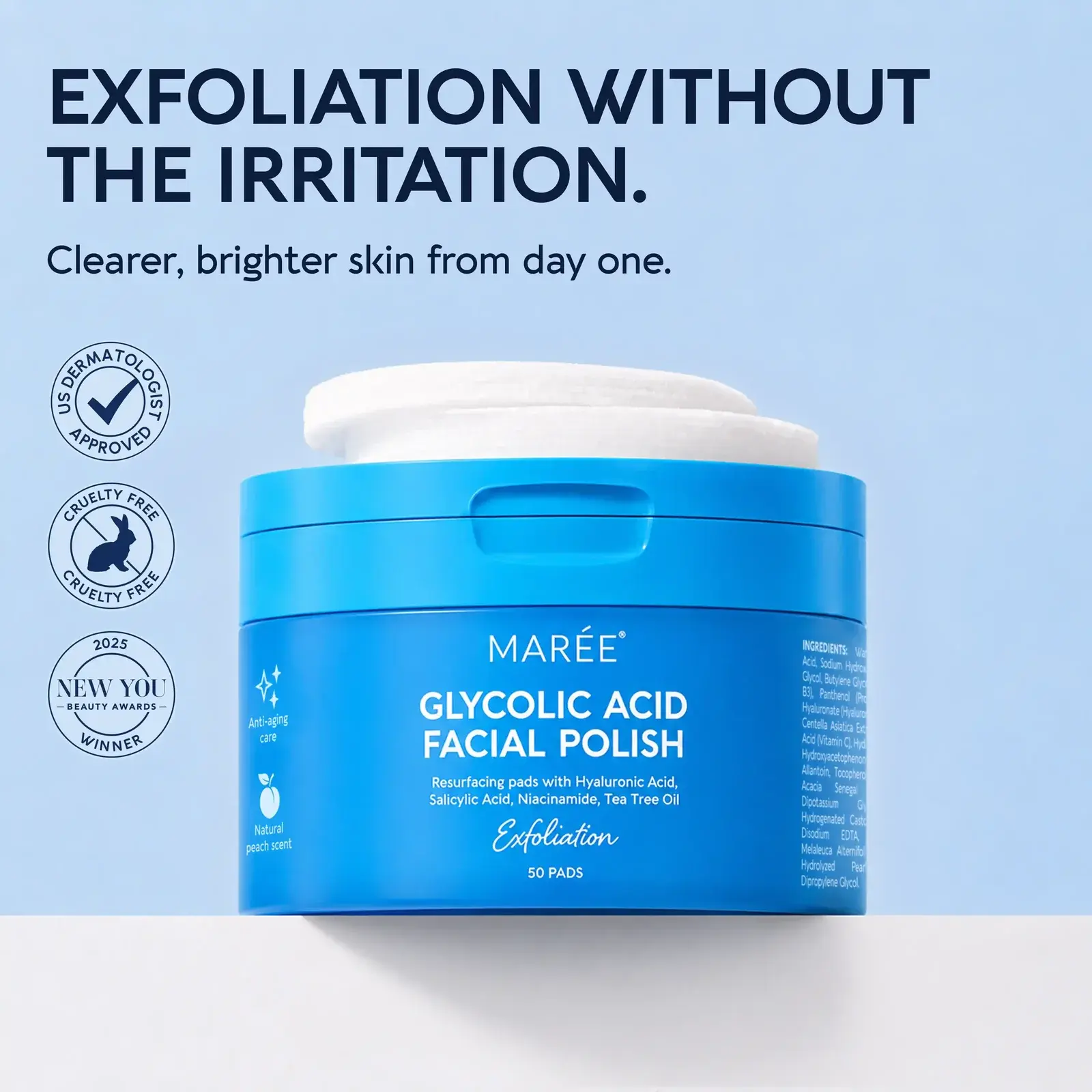 MARÉE Exfoliating Toner Pads – Facial Exfoliating & Cleansing Pads – Glycolic Acid – 50 Pads