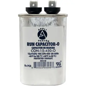 Appli Parts Run Capacitor for ac 15 Mfd uF (microfarads) 370 VAC or 450 VAC CBB65 Oval Universal fit for hvac and other applications 3-1/2in H 1-3/8in W 2-1/8in L CON-15-450-O