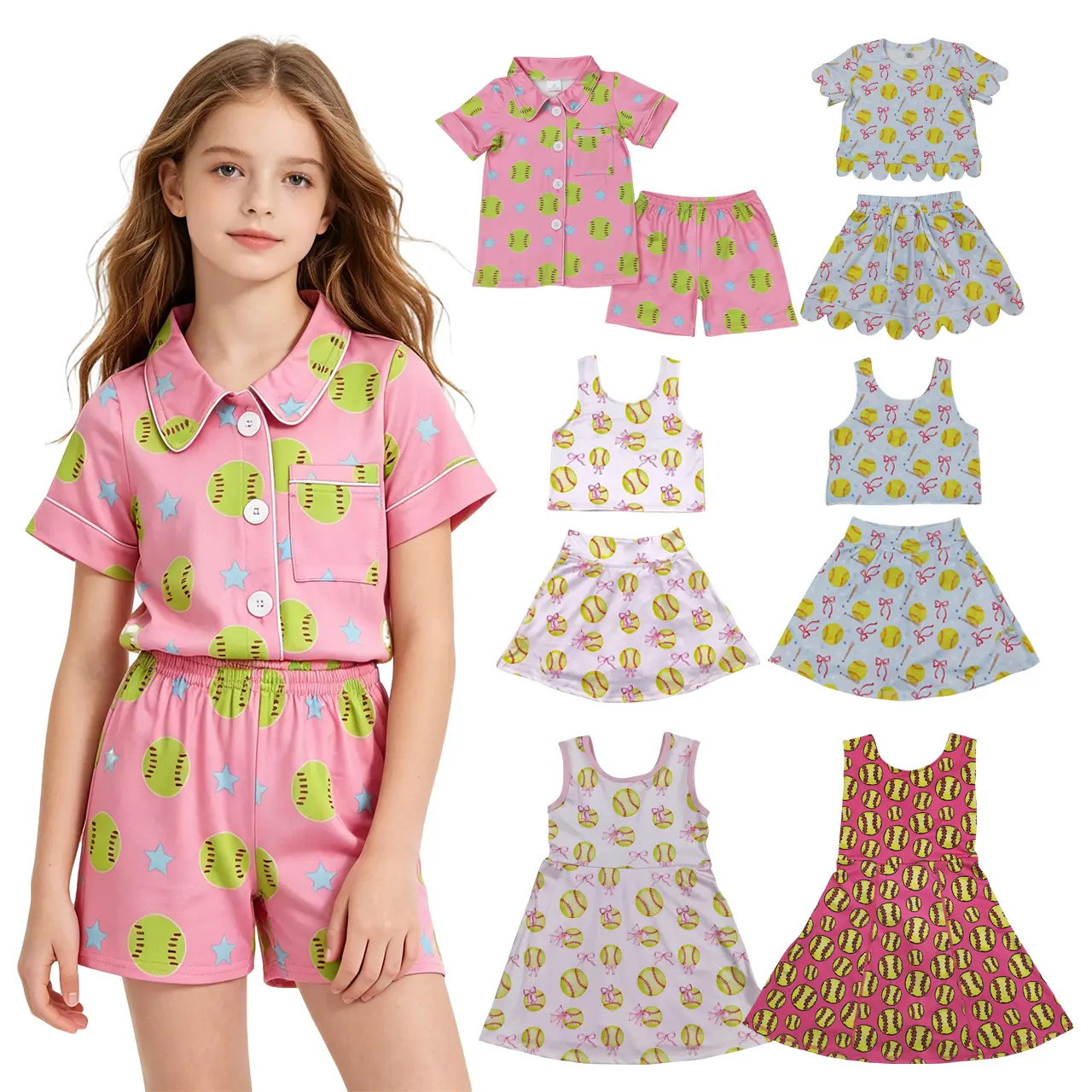 Girls' Soft Cotton PJs, 2-Piece Sleepwear Set with Softball Floral Print and Ruffled Shorts, Machine Safe
