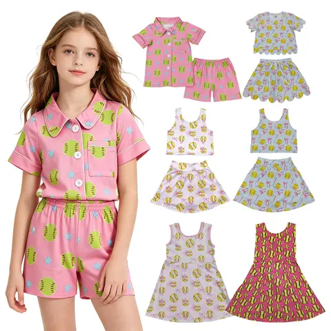 Girls' High Quality Soft Cotton 2-Piece Print Pajama Set - Softball Floral Print, Ruffled Shorts, Ruffled Edge, Machine Safe, 3T, TTS Easy Fit Pyjama Set