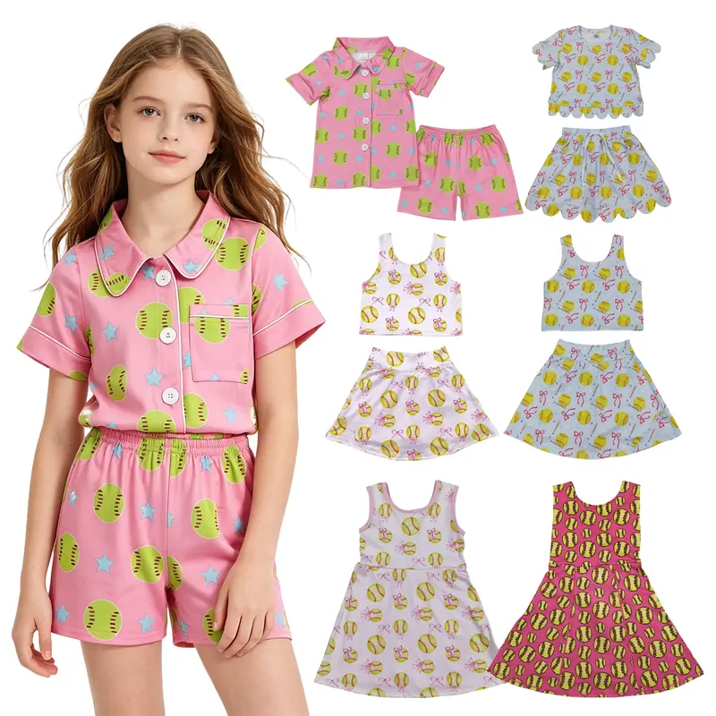 Girls' High Quality Soft Cotton 2-Piece Print Pajama Set - Softball Floral Print, Ruffled Shorts, Ruffled Edge, Machine Safe, 3T, TTS Easy Fit Pyjama Set