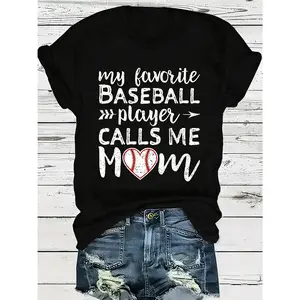 Women's "My Favorite Baseball Player Calls Me Mom" Baseball Mom T-Shirt - Soft -Like Short Sleeve Crew Neck Tee with Baseball Bat & Graphics, Casual s Apparel Gift for Little League Moms, Machine Washable Casual Wear
