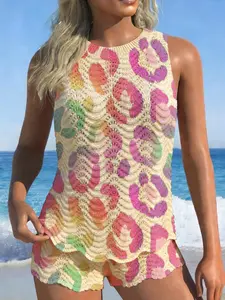 Women's Color Gradient Leopard Print Sweater Vest Short Set, Wave Texture Round Neck Sleeveless Knit Top, Casual Summer Fall