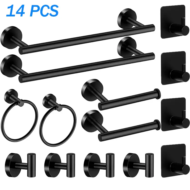 14-Pieces Matte Black Bathroom Accessories Set, 14 Pieces Bathroom Hardware Set, 2 pcs 16 inch Towel Bar, 2 pcs Towel Racks for Bathroom, 4 Robe Towel Hooks, 2 Toilet Paper Holder Wall Mounted, 4 Adhesive Tower Hooks, Stainless Steel Towel Bar Set