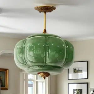 15 Inch Green Vintage Chandelier,Green Glass Ceiling Light Fixture with Gold Finish,Antique Pendant Lights Kitchen Island,Art Deco Hanging Lights for Bedroom Living Dining Room Hallway